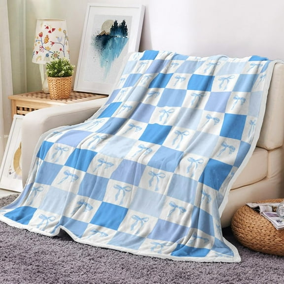 Kuscheln Blue Bow Throw Blanket Babyblue Flannel Soft Cute Bow Decor Lightweight Aesthetic Plush Room Decor for Sofa Couch Travel Bed Christmas Halloween Decoration