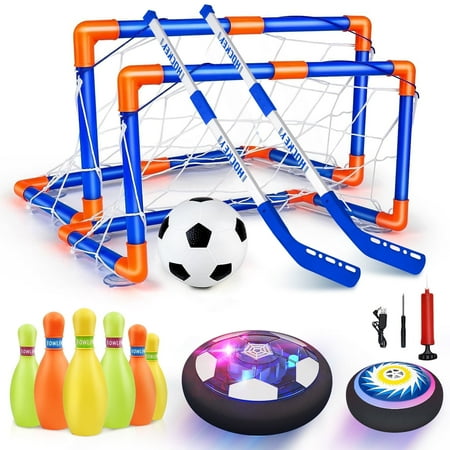 Beefunni Hover Soccer Ball for Kids 4-In-1 Hover Soccer Ball Hockey Bowling Set with LED Lights Indoor and Outdoor Toys Christmas Birthday Gifts for 3-12 Year Old
