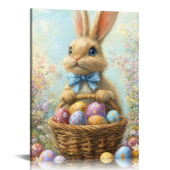 FCXZI Spring Easter Bunny Wall Art Canvas Prints - Vintage Rabbit Eggs Wall Decor  Canvas Retro Wildflower Field Wall Art Painting Artwork for Bedroom Living Room Playroom Decor  12x16in