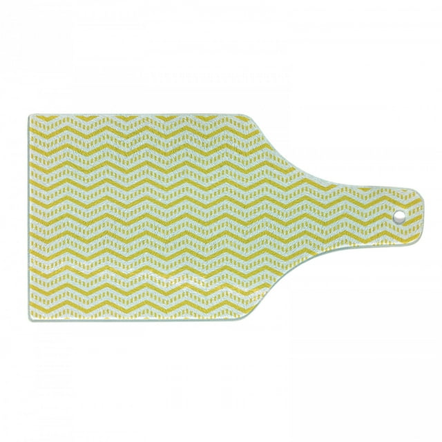 Yellow Cutting Board, Chevron Abstract Zig Zag Pattern Striped Cool Geometric 90s Style Retro Art, Tempered Glass Cutting and Serving Board, Wine Bottle Shape, White and Yellow, by Ambesonne