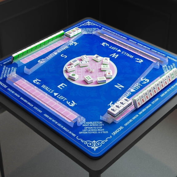 Blue Mahjong Mat with 4 Racks – 32x32 Inch Anti-Slip Noise Reduction Foldable Table Cover for Card, Poker & Board Games, Rectangle Mahjong Pad