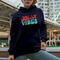 thumbnail image 2 of Jolly Vibes, Christmas or Winter Season Themed, Groovy Retro Wavy Text Merch Gift, Navy Blue Hooded Sweatshirt or Hoodie, 3XL, 2 of 5