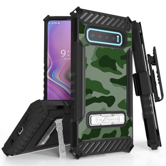 Galaxy S10 Plus (SM-G975) Case, TRISHIELD Rugged Cover With   [Belt Clip Holster]   [Built in kickstand] For Samsung Galaxy S10 Plus - Green Hunting Camouflage