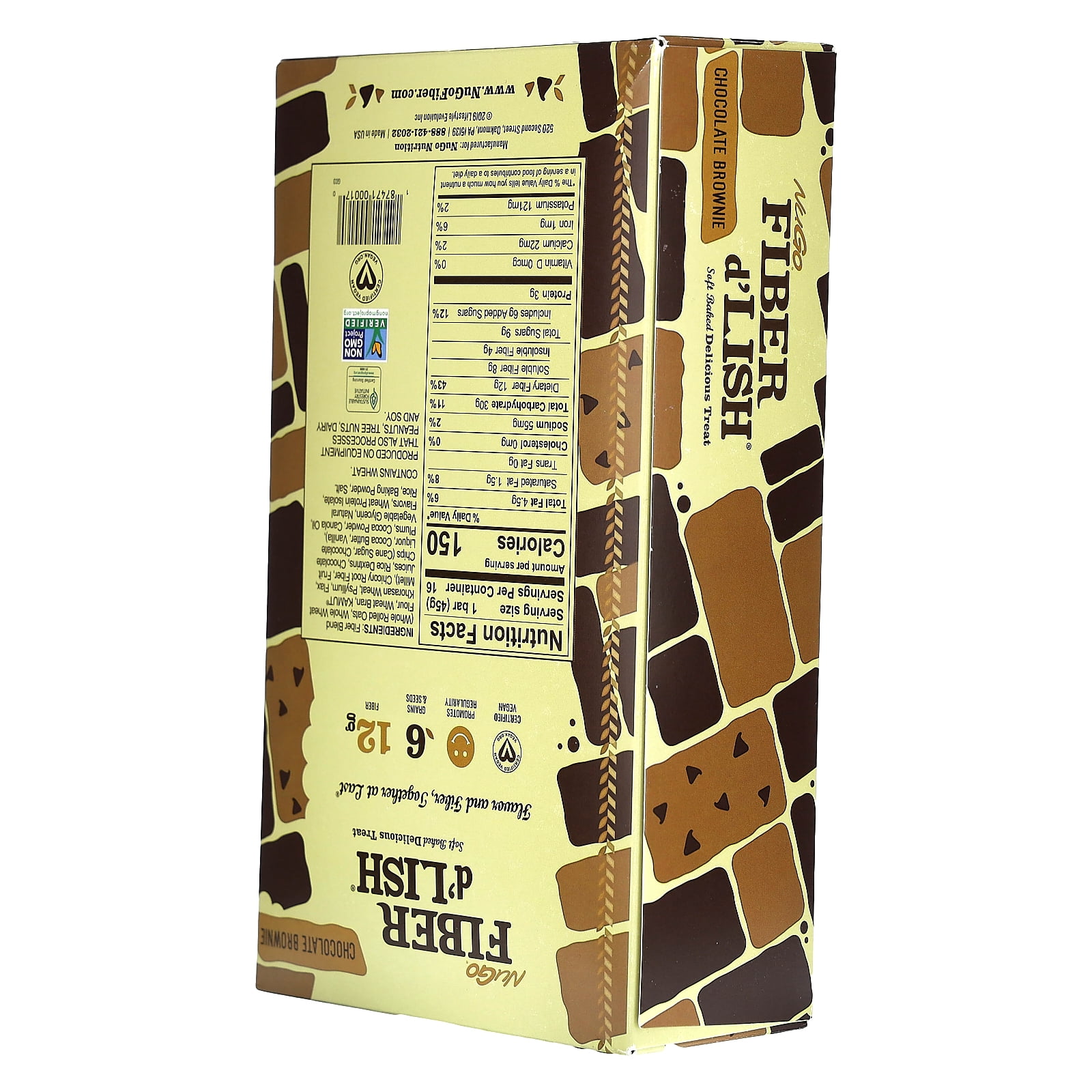NuGo Fiber d'Lish Chocolate Brownie, 12g High Fiber, Vegan, 16 Count
