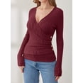 thumbnail image 2 of KYGABAK Long Sleeve ShirtsV Neck Tops for Women Sexy Sweater V Neck Ribbed Knit Slim Fit Wrap Top 2025 Fall Casual Fashion Clothes,Red XL, 2 of 7