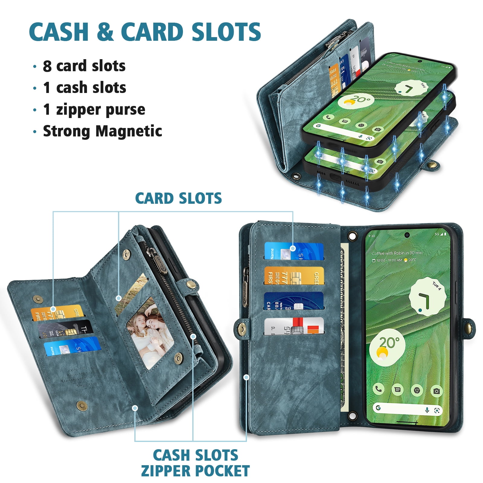 Asuwish Compatible with Google Pixel 7 5G Phone Case Zipper Wallet Detachable Tempered Glass Screen Protector Crossbody Lanyard Strap Flip Card Holder Cell Cover for Pixel7 Pixle Seven 6.3 Women Blue