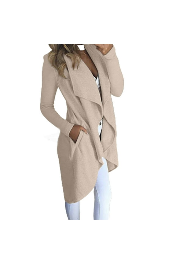 Women's Leisure Collared Duster Coat Solid Dressy with Pockets Fall Suit Coat Lightweight Office Fashion Long Sleeve Cardigan New Style Trendy Beige XL