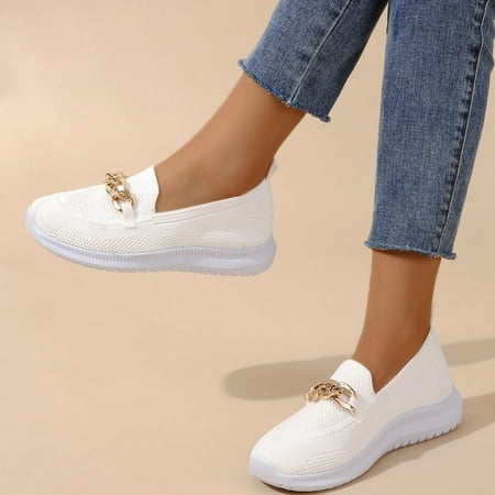 

New Women Casual Breathable Mesh Air Cushion Metal Chain Design Trendy Chunky Bottom Low Top Canvas Shoes Flats Walking Shoes Play Sneakers Loafers White