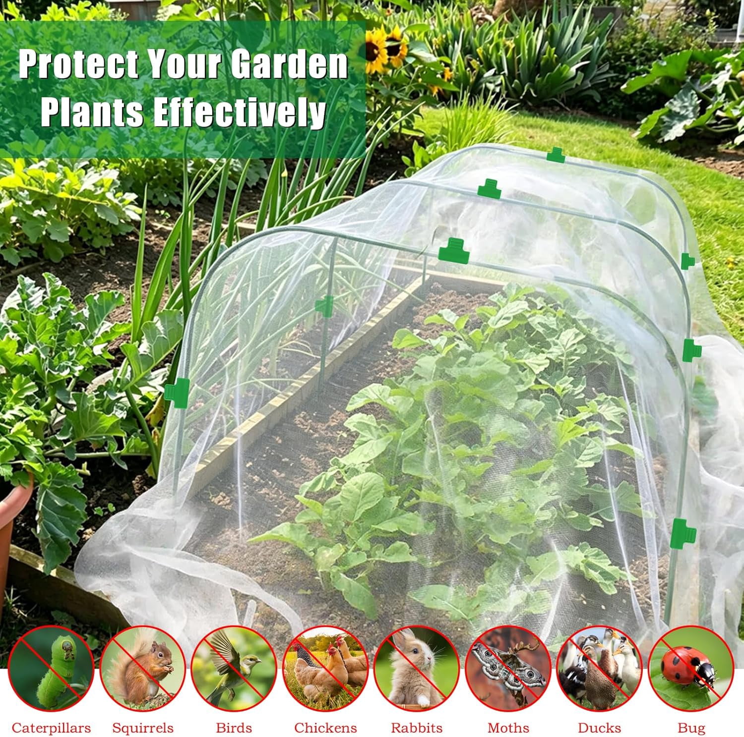 10 X 50 FT Garden Mesh Netting Kit Pest Barrier for Raised Beds, Fruit Tree Netting with 10 Sets Garden Hoops & 20 Clips for Cicadas Bird Insect, Blueberry Bush Netting Cover for Garden Protection