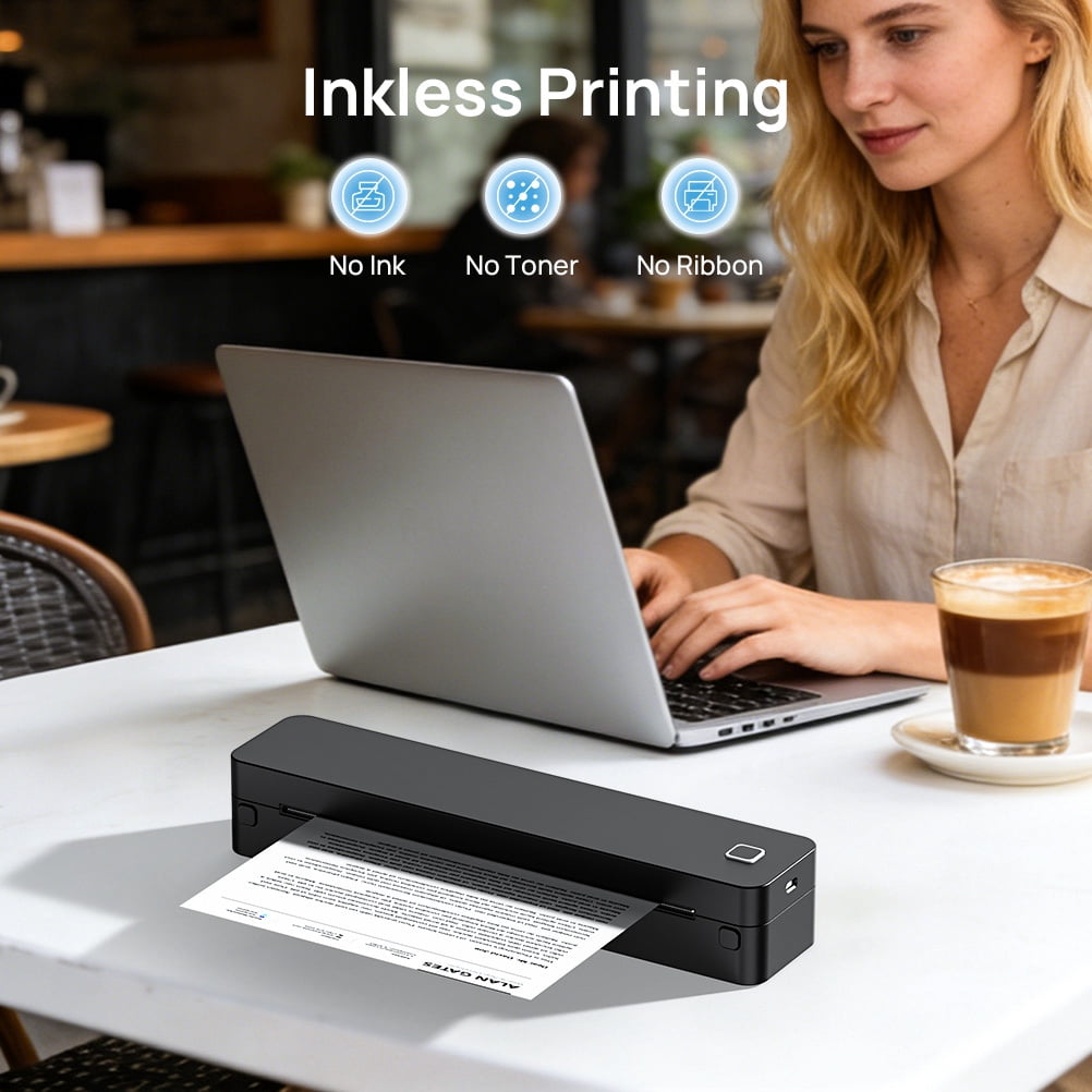 D830B Wireless Thermal Printer Portable for Travel Office School Includes 1 Paper Roll Supports A4 Letter Ink-Free iOS Android Laptop