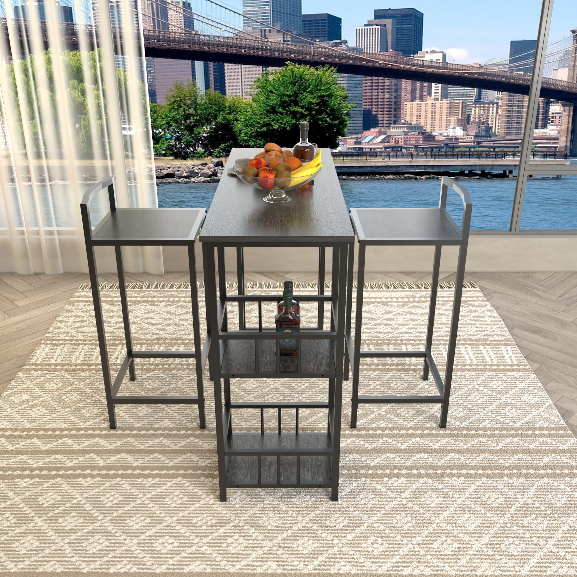 HOQBN 3 Piece Counter Height Bar Table Set,Rectangular Pub High Table with 2 Backless Bar Stools and 3-Tier Side Storage Shelves,Industrial Wood Grain Bar Furniture for Balcony Kitchen Small Home Bar