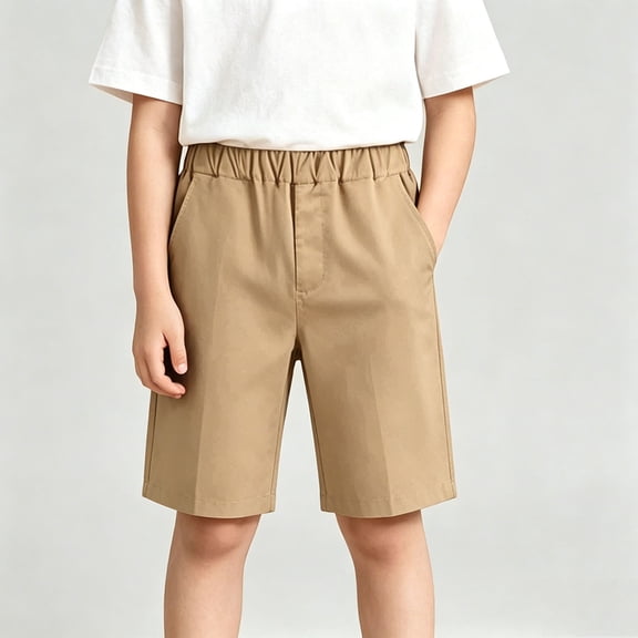 School Uniform Shorts for Boys Elastic Waist Chino Shorts Wrinkle Resistant Twill Shorts for Summer Wedding Party Wear Khaki