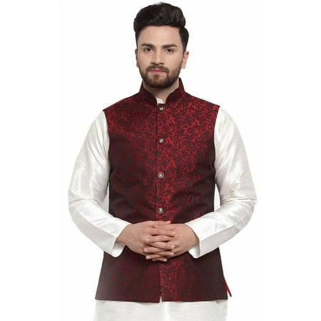 Maple Clothing Men's Traditional Indian Outerwear Vest Jacquard Waistcoat (Maroon, XL)