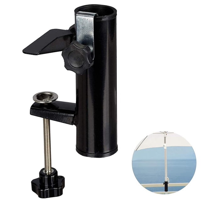 Soporte para paraguas Banco Buddy Deck Soporte para paraguas Soporte de abrazadera de metal Clip Playa Pesca Soporte para paraguas Abrazadera para cubierta de balcón Negro