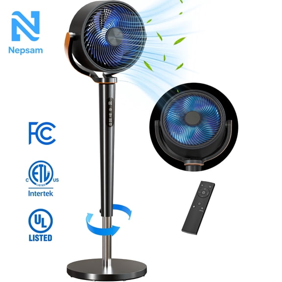 Nepsam 120° Oscillating Standing Fan, 16 Speeds DC Motor, 4 Modes, Adjustable Height, 12H Timer, Black