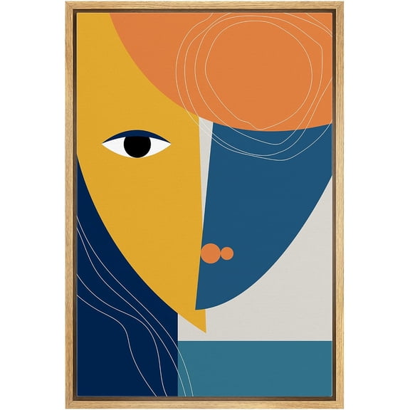 IDEA4WALL Framed Canvas Print Blue & Yellow Abstract Semi Circle Faces Mask Culture Shapes Illustrations Pop Art Bohemian Colorful Ultra for Living Room, Bedroom, Office - Natural 24"x36"