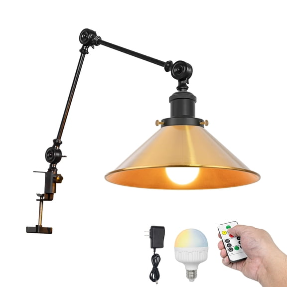 Kiven Battery Operated Clip-on Desk Lamp, 1-Light Dimmable Clip On Light with Flexible Arm,Remote Control, Modern Decorative Clamp Lamp for Bookshelf Cabinet,Gold DZ0001