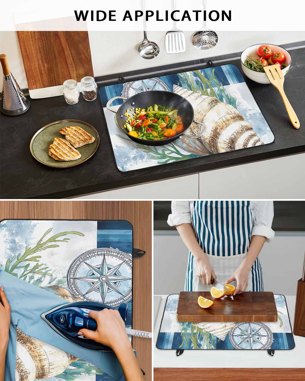 nqOlkjepod Large Induction Cooktop Protector Mat 24"x21", Nautical Compass Stove Top Covers for Electric Stove, Coastal Ocean Shell Seaweed Decorative Stove Burner Cover Mats, Glass Top Stove Cover