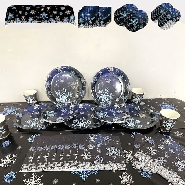 Bowayaoa Black Snowflake Paper Plates Napkins Tableware Set Winter Christmas Party Supplies Disposable Snowflake Decor