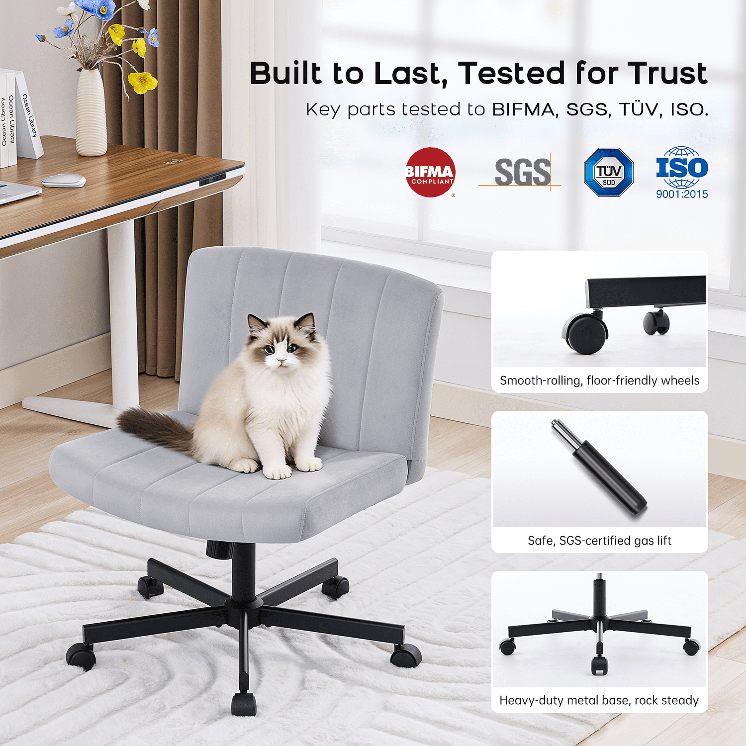 TMV Criss Cross Chair–Armless Office Chair, Fabric Padded Vanity Chair Computer Chair with Wheels, Wide Seat Swivel Desk Chair for Home Office，Gray