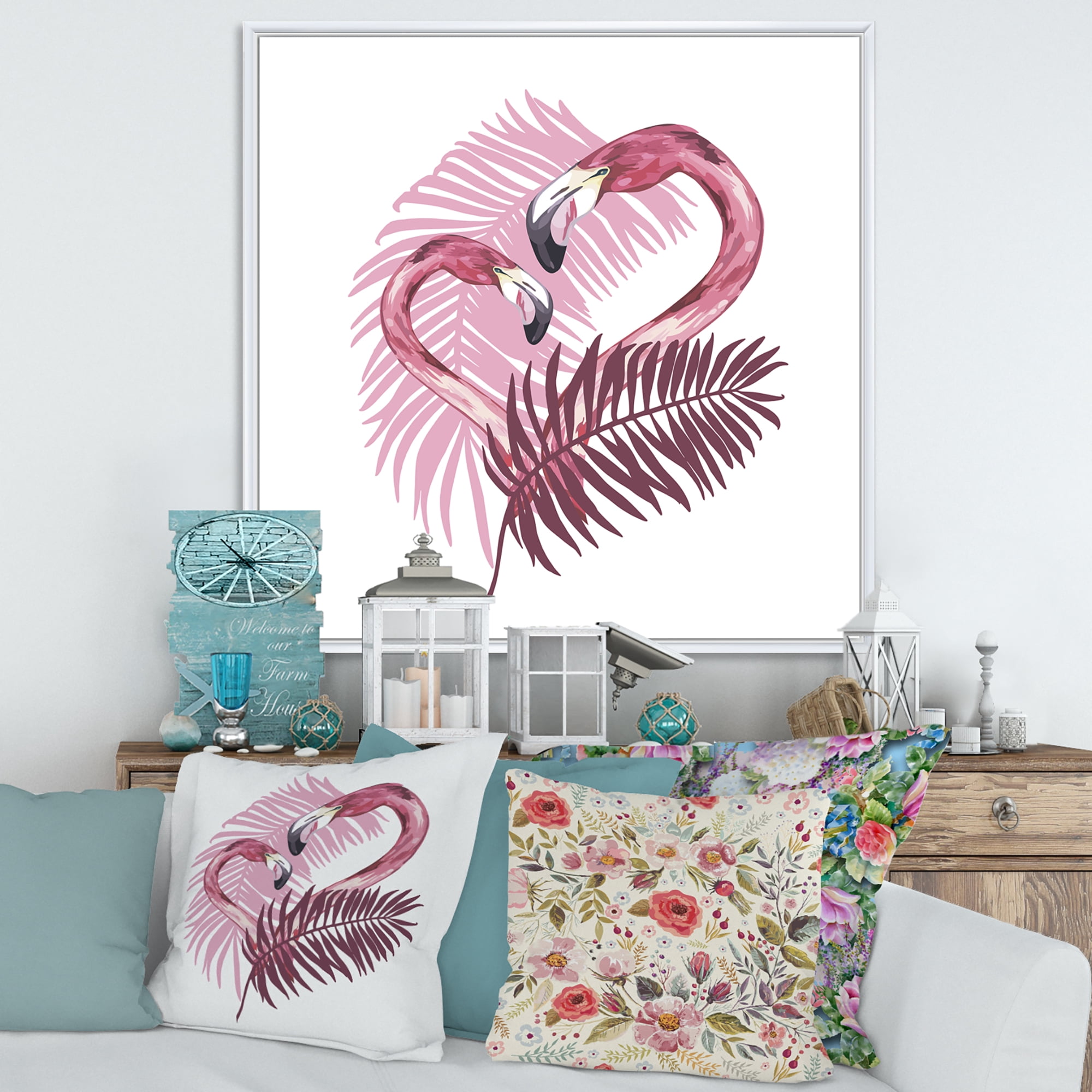 Designart 'Pink Flamingo In Tropical Summer II' Tropical Framed Canvas Wall Art Print
