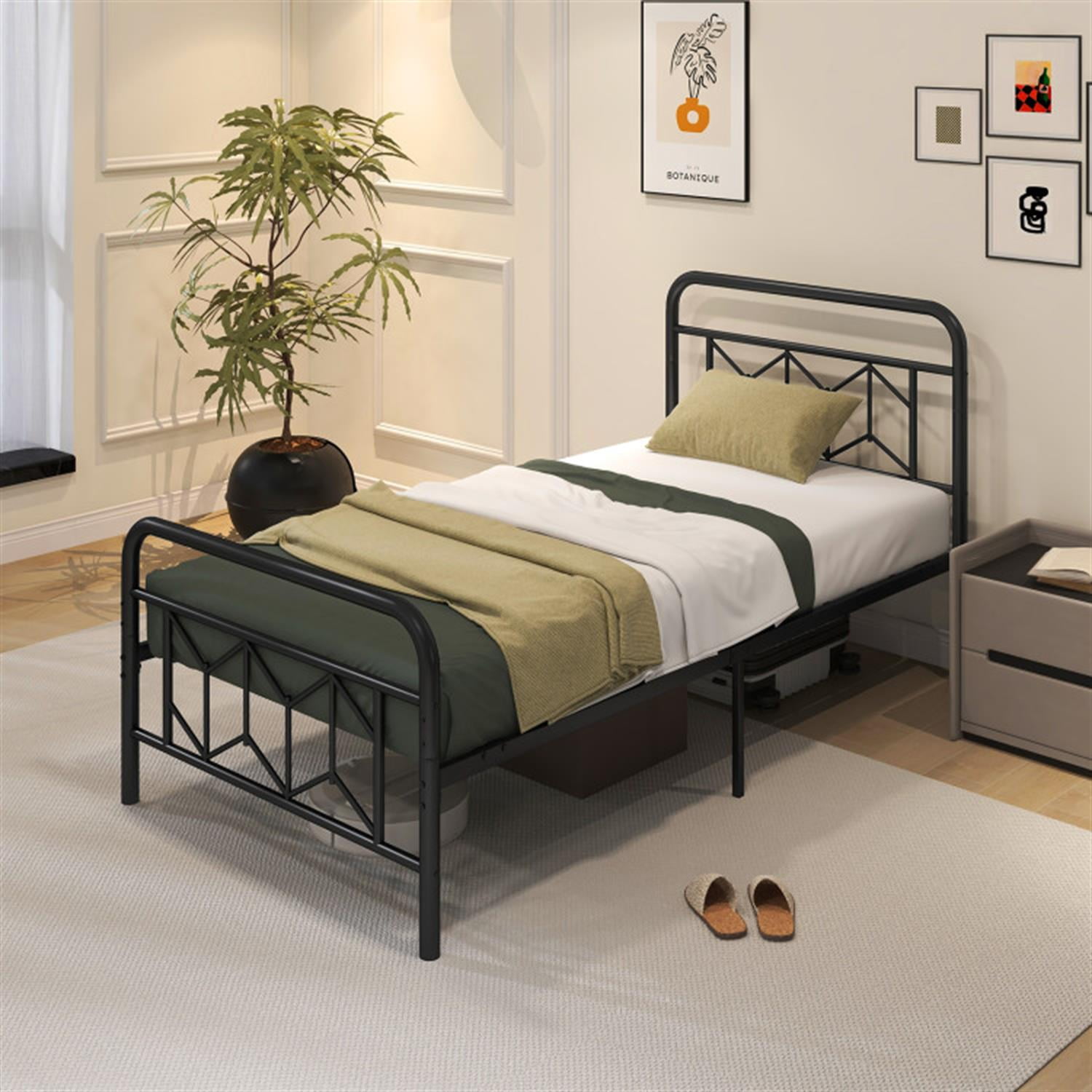 Demi Bonn Twin Size Bed Frame with High Headboard and Snap Lock Metal Slats, Platform Bed Frame with Under Bed Storage, No Box Spring Needed, Black