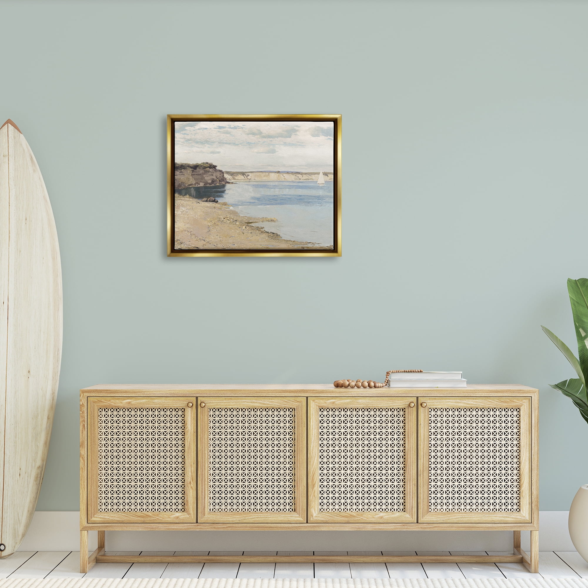 Stupell Rocky Coastal Cove Sailboat Landscape Painting Gold Floater Framed Art Print Wall Art
