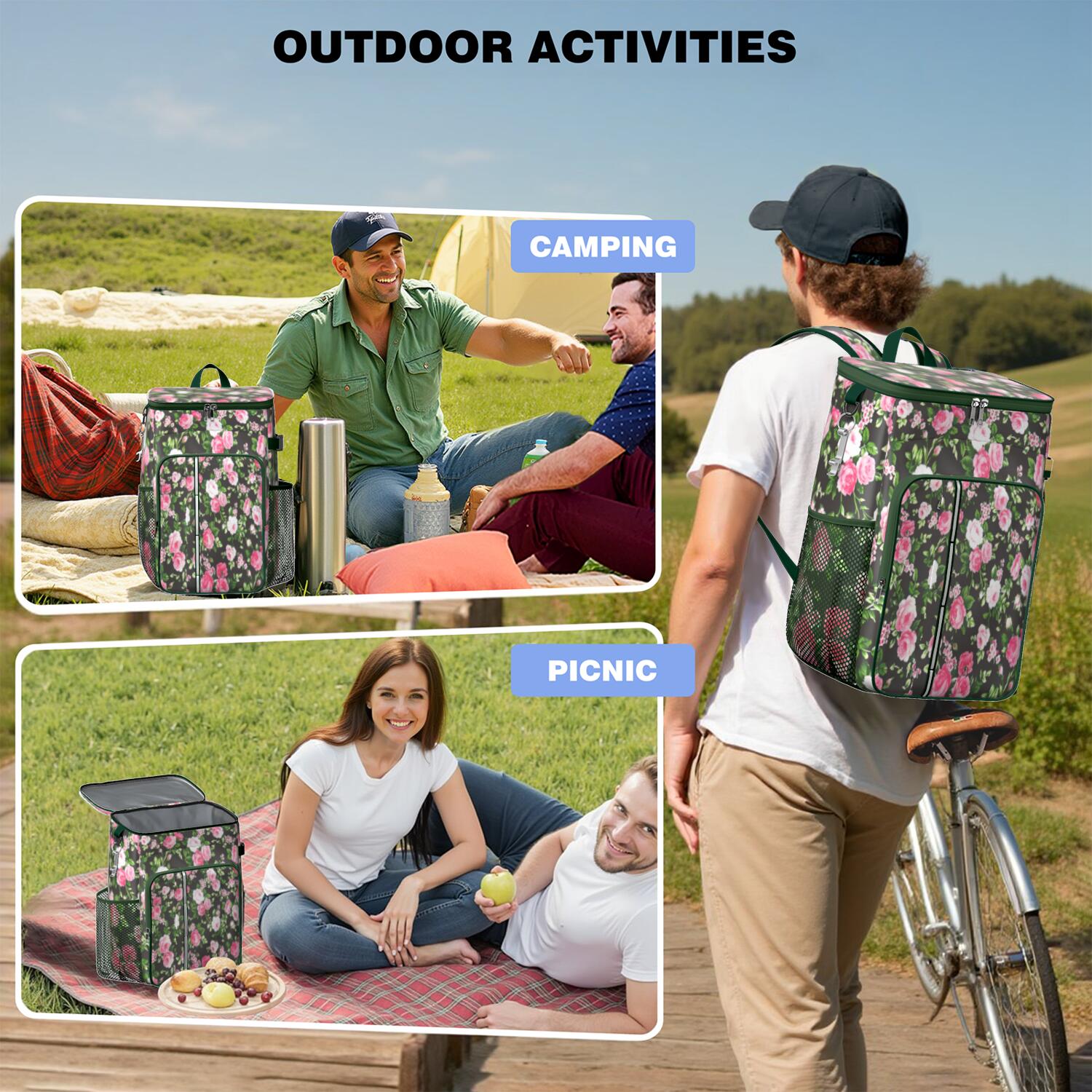 Travel Cooler Bag - Pioneer Flower Floral Print Pattern Camping Beer Cooler Backpack with Bottle Opener- Waterproof Insulated Picnic Backpacks - Cooler Bag for Beach