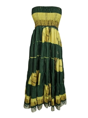 Mogul Women Green Maxi Skirt Floral Print Recycled Sari Skirt Boho Chic Gypsy Holiday Beach Dresses S/M