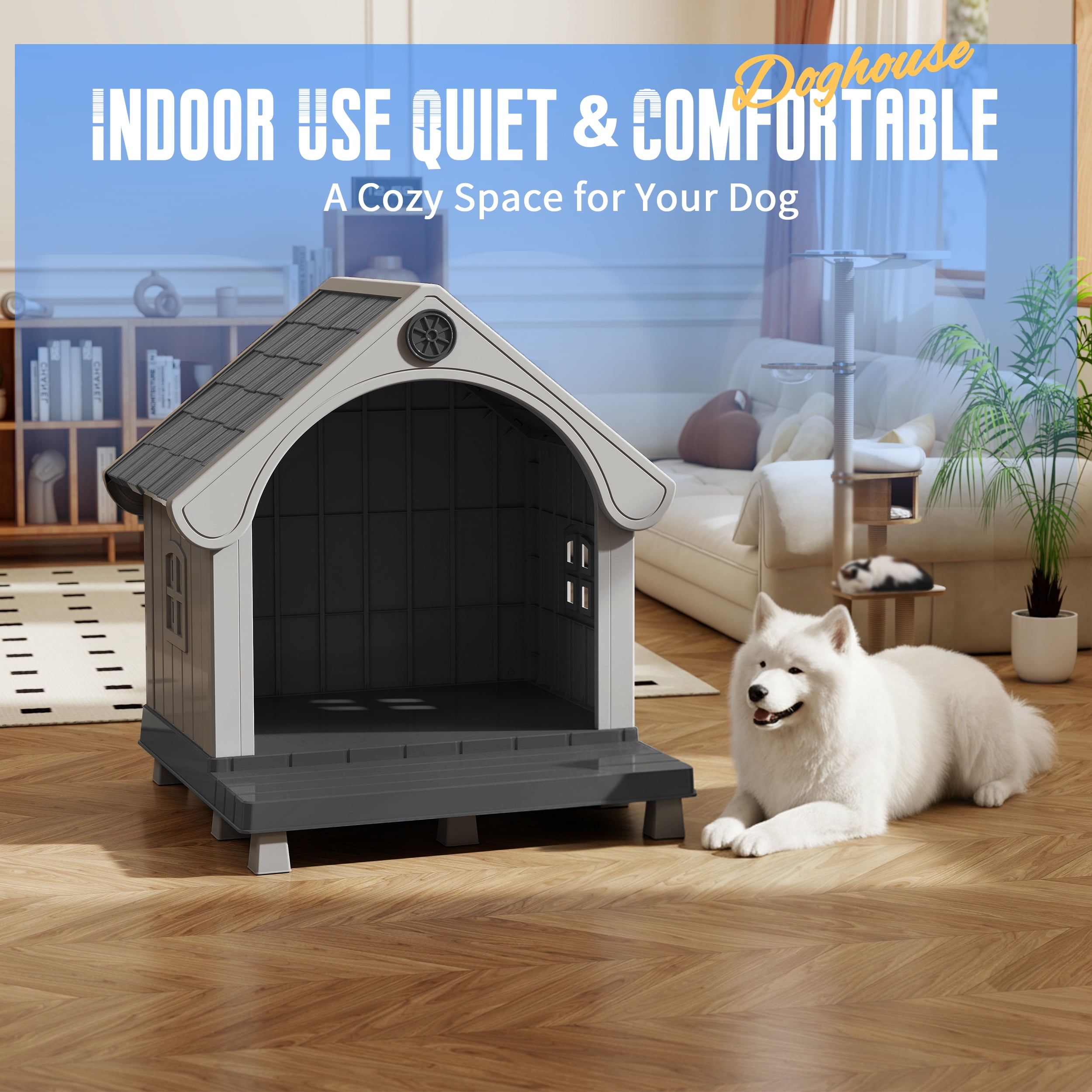 Joxxoaa Dog House Resin Dog Kennel with Cute Elegant Design & Extended Elevated Floor, Dog Houses for Large Dogs Outside Weatherproof for Indoor & Outdoor Use
