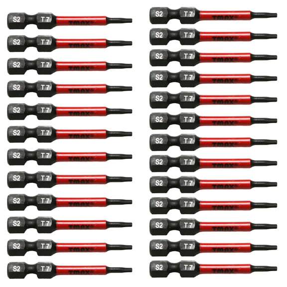 TMAX 25 pc T7 Torx Star 6 Point T-7 Black High Torque Impact Screwdriver Insert Bits Set S2 Steel Torsion Resistant, 2 Inch Long, 1/4 Inch Hex Shank with Quick Release Slot