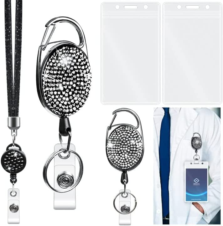 Retractable ID Badge Holder, Bling Crystal Leather Neck Strap Lanyard, Extendable Badge Reel with Clip and Rhinestone, and 2 Clear ID Card Holders for