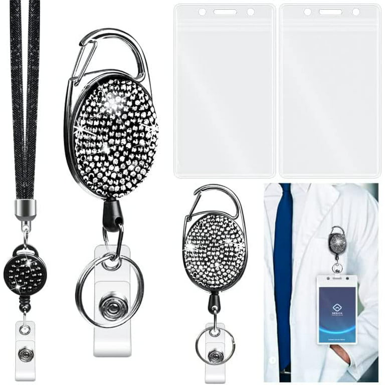 Retractable ID Badge Holder, Bling Crystal Leather Neck Strap