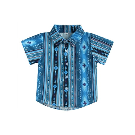 

Qtinghua Western Baby Boy Clothes Graphic Print Short Sleeve Lapel Button Down Shirts Tops Summer Clothes Blue 18-24 Months