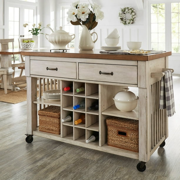 Tribecca Home Eleanor Two Tone Rolling Kitcn Island With Wine Rack Walmart Com Walmart Com