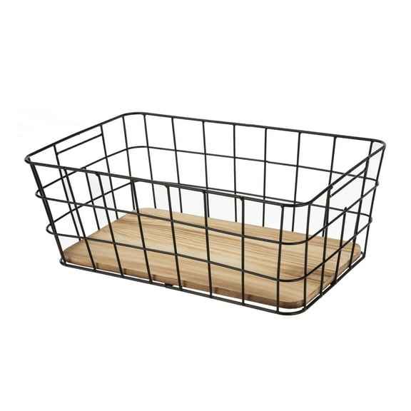 BHG Black Handcrafted Wire Basket with Wood Board Base