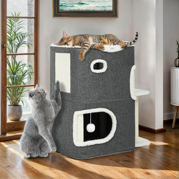 ModFusion Multi-Level Cat Condo with Scratching Post and Plush Cushion, 24.8" Tall – Perfect for Play, Rest, and Scratching