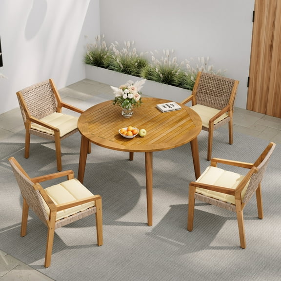 Christopher Knight Home 5-Piece Outdoor Dining Set, 47" Wood Round Table with Wicker Chairs, Cream Cushions