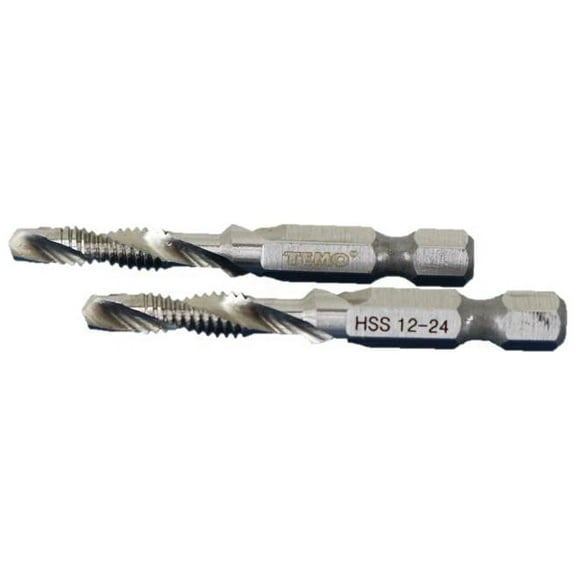 TEMO 2 pc 12-24 Combination Drill and Tap Multi Use Deburr Countersink Hex Bit