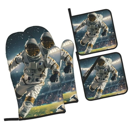 

Tebeau Astronaut Soccer Field Print 4 Pcs Oven Mitts and Pot Holders 500°F High Heat Resistant Kitchen Oven Mitts with Pot holders Long Oven Mitts for Baking and Cooking