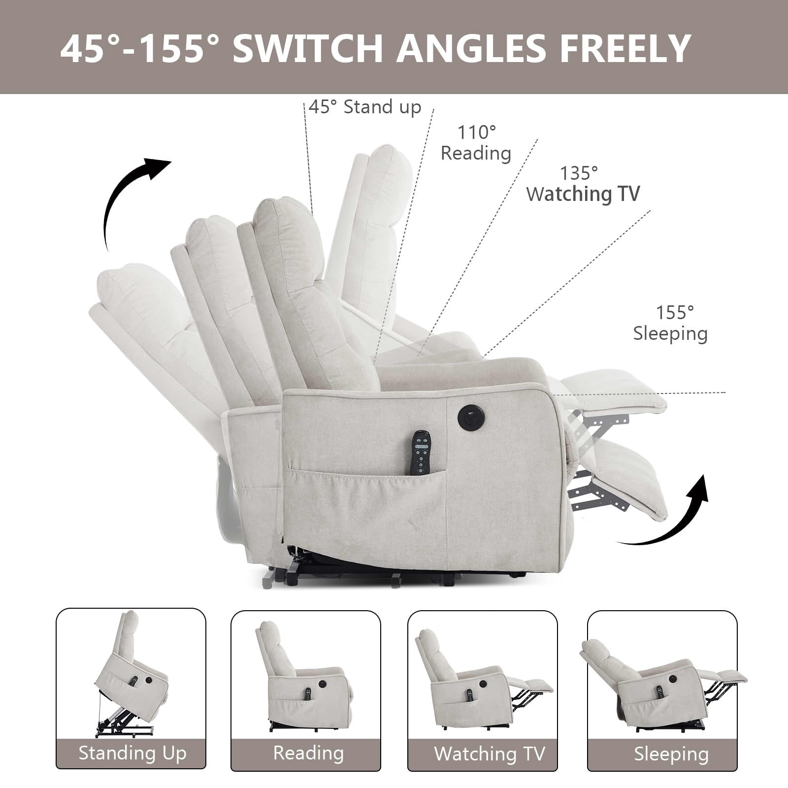 MAYEERTY Beige Chenille Power Lift Recliner Chair, Massage Heat USB Port 25"x36"x39" for Elderly