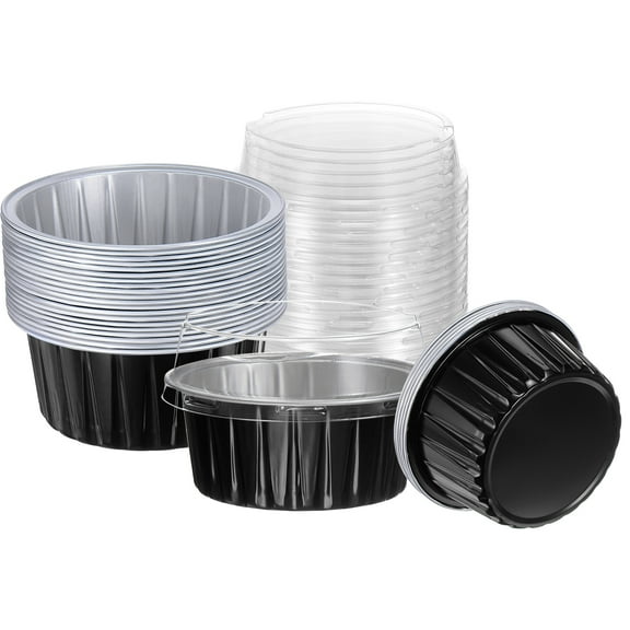 Uxcell 25Pcs Baking Cups with Lids 5oz Aluminum Foil Liners Mini Disposable Containers Cups Black