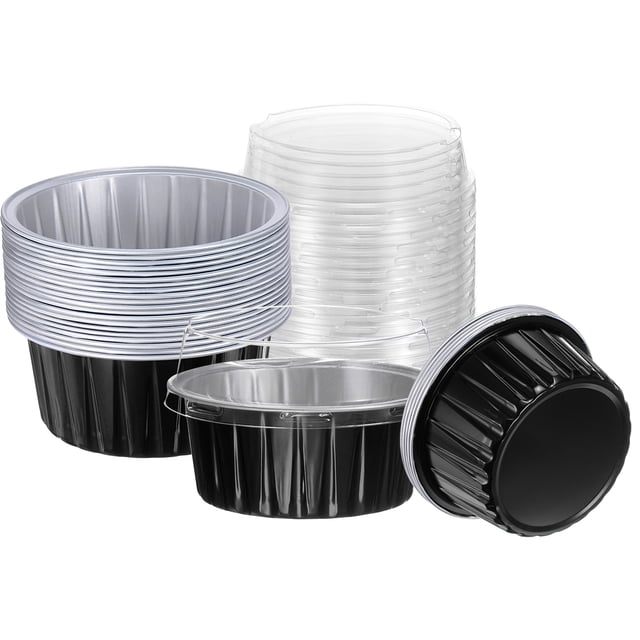 Uxcell 25Pcs Moldes para Hornear con Tapa 5oz Forros de Aluminio Mini Contenedores Desechables Tazas Negras