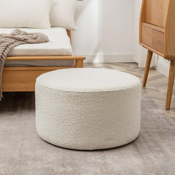 Modern Round Boucle Upholstered Ottoman with Soft Padded Seat, Multi-Functional Sofa Footrest, Side Table, Extra Seating (Cream, 24" D x 24" W x 13" H)