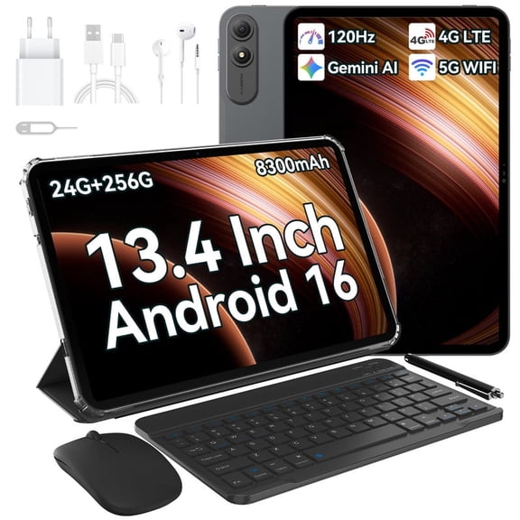 OSCAL 2026 13.4" AI Tablet, Android 16, 24GB RAM 256GB ROM, 1TB Expand, T7280 Octa-Core CPU, 8+16MP Camera, 8300mAh, 5G Wifi, Gemini Al Tablet with Keyboard, Mouse, Black