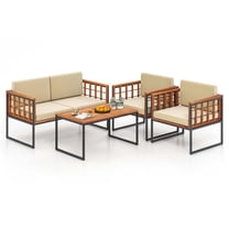 Gymax Set of Outdoor 4 Acacia Wood Sofa Set w/ Heavy Duty Metal Frame Soft Seat Beige