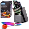thumbnail image 1 of WELLSTAR Rainbow Knife Set of 14, Iridescent German Stainless Steel Kitchen Knives Set with Wooden Block Holder, Chef’s Knife Block Pack 14-Piece with Scissors and Built-in Sharpener, 1 of 8