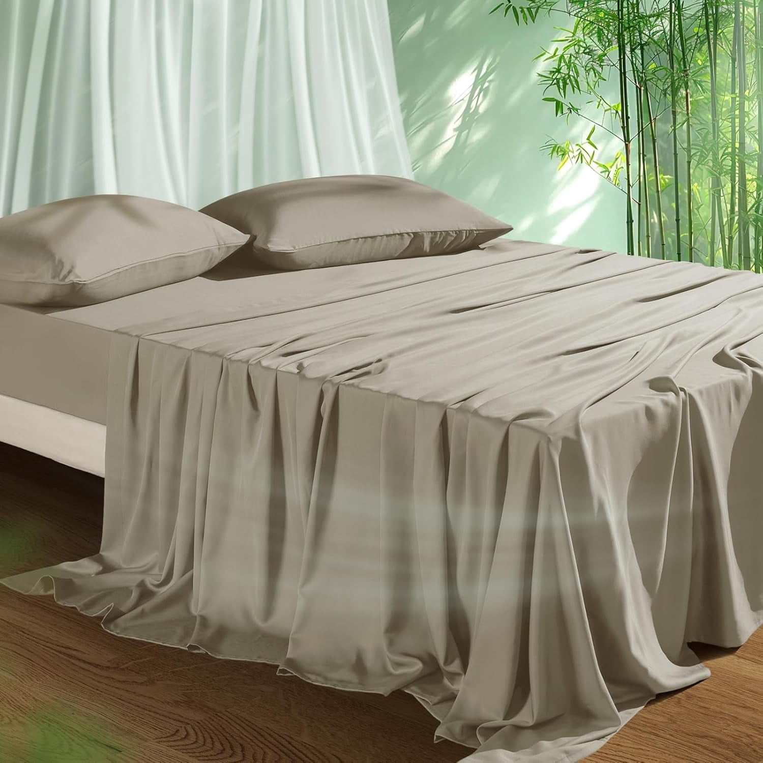 Cooling Sheets Set Queen Size, Viscose Derived from Bamboo for Hot Sleepers | Deep Pocket Up to 16 Inch | Silky Soft & Breathable Bedding - 4PC (Queen, Dark Grey)