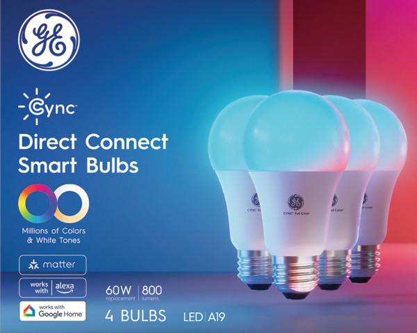GE Cync Direct Connect A19 Smart LED Bulbs, 4-Pack, Color photo 2
