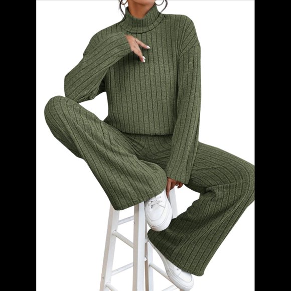 Conjuntos de 2 Piezas para Mujer para Otoño: Suéter de Punto de Viaje, Pantalones Anchos y Chándal para Estar en Casa. Verde L